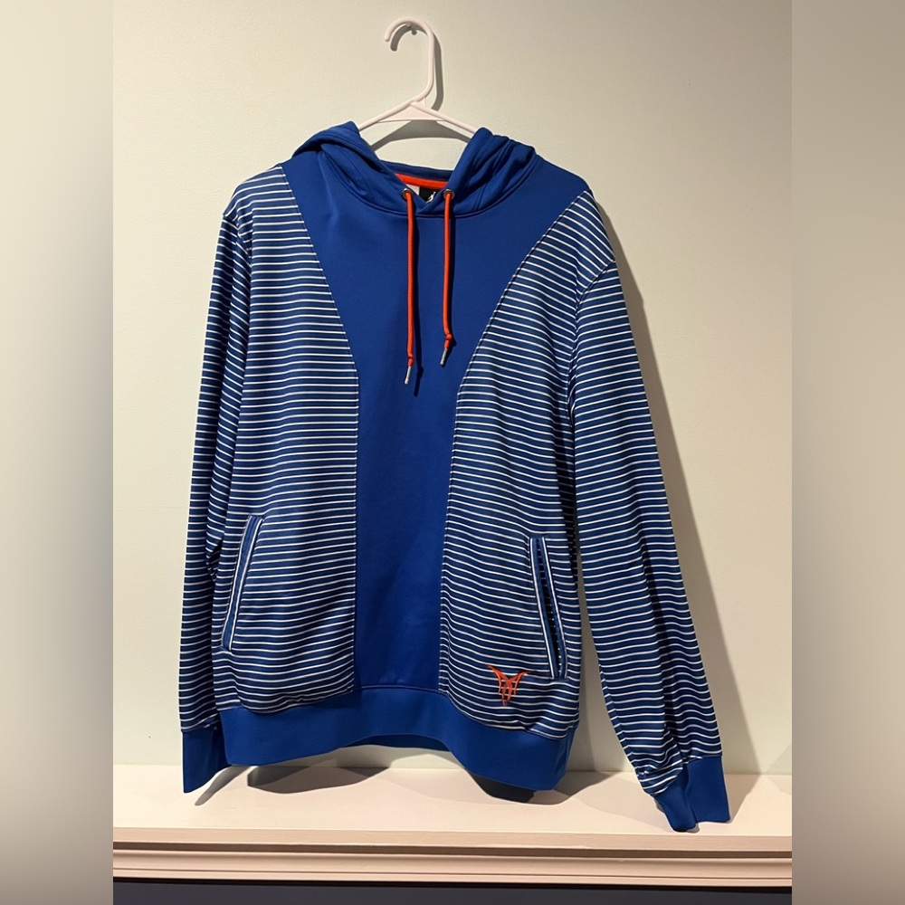 Air Jordan Melo Men’s Royal Blue Orange Striped Dri-Fit Hoodie, Size Large